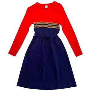 Vintage Little World Girls Size 10 Red Navy Striped Sweater Dress